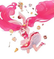 Rule 34 | 1girl, animal ears, cake, cake hair ornament, cream puff, cupcake, cure whip, dessert, doughnut, dress, earrings, food, food-themed hair ornament, fork, fruit, gloves, hair ornament, highres, jewelry, kirakira precure a la mode, long hair, macaron, magical girl, parfait, pastry, pie, pie slice, pink hair, pom pom (clothes), pom pom earrings, precure, rabbit, rabbit ears, rabbit girl, skirt, solo, spoon, strawberry, strawberry shortcake, twintails, usami ichika, white background, yukiumisaka