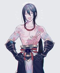 Rule 34 | 1boy, arm tattoo, black hair, black pants, chest tattoo, closed eyes, cowboy shot, dragon tattoo, facing viewer, fate/grand order, fate (series), flower tattoo, gauntlets, grey background, hair between eyes, hands on own hips, katagiri (mighty swing), long hair, male focus, notice lines, open mouth, pants, pelvic curtain, ponytail, red tassel, sidelocks, simple background, smile, solo, stomach tattoo, tattoo, topless male, very long hair, yan qing (fate)