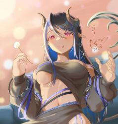 Rule 34 | 1girl, absurdres, bandeau, belt, black bandeau, black belt, black hair, black jacket, black skirt, blue belt, blue hair, blue mountain (user aesh3827), blurry, blush, bokeh, breasts, chest belt, closed mouth, commentary request, couch, demon girl, demon horns, demon tail, depth of field, forked tongue, grey horns, hair between eyes, hebiyoi tier, hebiyoi tier (1st costume), highres, hip vent, horns, jacket, lap pillow invitation, large breasts, long hair, long sleeves, looking at viewer, mimikaki, multicolored hair, nanashi inc., navel, off shoulder, open clothes, open jacket, pink background, pink eyes, pointy ears, sidelocks, skirt, smile, solo, sugar lyric, tail, tongue, two-tone hair, underboob, upper body, virtual youtuber