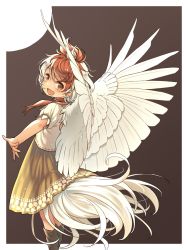 Rule 34 | 1girl, bird, boots, brown background, brown eyes, brown footwear, brown hair, brown skirt, chick, feathered wings, from behind, highres, knee boots, looking back, multicolored hair, niwatari kutaka, open mouth, outstretched arm, shirt, short hair, simple background, skirt, smile, solo, tail, touhou, two-tone hair, white hair, white shirt, wings, yudepii