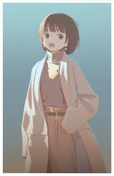 Rule 34 | 1girl, bad id, bad pixiv id, beige coat, belt, blue background, blue eyes, bob cut, border, brown background, brown hair, brown pants, brown sweater, coat, commentary, cowboy shot, earrings, gradient background, highres, jewelry, kenharu, long sleeves, looking at viewer, open clothes, open coat, open mouth, original, pants, short hair, sleeves past fingers, sleeves past wrists, solo, sweater, teeth, turtleneck, turtleneck sweater, upper teeth only, white border