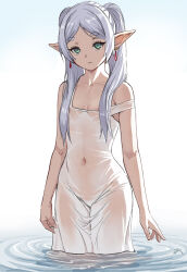 Rule 34 | 1girl, areola slip, breasts, collarbone, commentary, covered navel, dress, earrings, elf, english commentary, expressionless, frieren, green eyes, groin, hair censor, highres, jewelry, long hair, looking at viewer, navel, off shoulder, pointy ears, ripples, see-through, sidelocks, small breasts, solo, sousou no frieren, strap slip, twintails, wading, water, wet, white dress, white hair, zefrableu