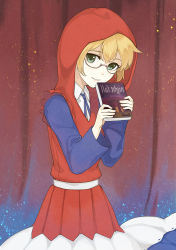 Rule 34 | 10s, 1girl, alternate costume, bad id, bad pixiv id, belt, blonde hair, blue dress, blue ribbon, blue shirt, book, collared shirt, dress, glasses, green eyes, highres, holding, holding book, hood, little witch academia, long sleeves, looking at viewer, lotte jansson, mirrored text, multicolored clothes, neck ribbon, parted lips, pleated skirt, red dress, red hood, ribbon, scroll lock (scrool5), semi-rimless eyewear, shirt, short hair, skirt, sleeveless, sleeveless dress, smile, solo, white belt, white dress, white shirt