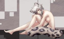 Rule 34 | 1girl, animal ears, arknights, bare legs, barefoot, breasts, cliffheart (arknights), closed mouth, commentary, english commentary, from side, hair between eyes, knee to chest, large tail, leaning forward, leopard ears, leopard tail, lim aya w, lips, looking at viewer, medium breasts, medium hair, nipples, nude, patterned background, profile, grey eyes, silver hair, sitting, smile, snow leopard ears, snow leopard tail, solo, tail, thigh strap
