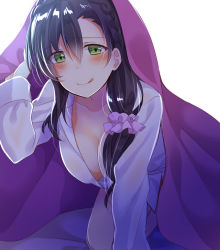 Rule 34 | 10s, 1girl, :q, all fours, blush, braid, breasts, cleavage, collarbone, commentary request, crown braid, downblouse, dress shirt, green eyes, hair between eyes, hair over shoulder, hanging breasts, large breasts, licking lips, long hair, long sleeves, looking at viewer, love live!, love live! school idol project, low-tied long hair, mogu (au1127), naked shirt, purple scrunchie, scrunchie, shirt, simple background, solo, tongue, tongue out, tojo nozomi, under covers, white background, white shirt