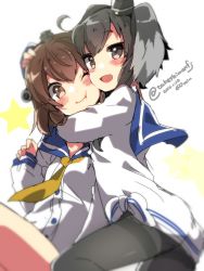 Rule 34 | 10s, 2girls, :d, :t, black hair, black legwear, blurry, blush stickers, brown eyes, brown hair, cheek-to-cheek, dated, depth of field, dress, grey hair, hand around neck, hand on another&#039;s head, hat, heads together, highres, hug, kantai collection, looking at viewer, multicolored hair, multiple girls, one eye closed, open mouth, pantyhose, personification, sailor collar, sailor dress, shiny skin, short hair, smile, star (symbol), takeshima eku, tareme, thighband pantyhose, tokitsukaze (kancolle), twitter username, two-tone hair, two side up, white background, yukikaze (kancolle)