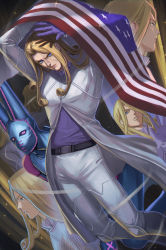 Rule 34 | 1boy, @acchom zatta, absurdres, american flag, arms up, belt, blonde hair, blue eyes, closed mouth, dirty deeds done dirt cheap, funny valentine, glaring, gloves, highres, historical american flag, jacket, jojo no kimyou na bouken, long hair, long sleeves, looking at viewer, male focus, multiple views, purple gloves, purple shirt, shirt, solo, stand (jojo), steel ball run, white jacket