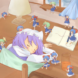 Rule 34 | &gt; &lt;, 6+girls, ^ ^, blanket, blue dress, blue hair, blush, book, bow, cirno, closed eyes, covering with blanket, curtains, daiyousei, desk, drawing, dress, glass, green hair, hair bow, hair ribbon, hat, lamp, letty whiterock, meruto1093, mini person, minigirl, multiple girls, multiple persona, o o, open mouth, pulling, ribbon, running, side ponytail, sitting, sleeping, touhou, window, wings
