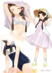 Rule 34 | 10s, 1girl, ama mitsuki, amayadori machi, armpits, arms up, artist name, blush, bobby socks, bow, bow bra, bra, braid, breasts, character sheet, closed eyes, dated, dress, hair ribbon, hands on headwear, hat, hat bow, high heel sandals, high heels, kumai natsu, kumamiko, long hair, looking at viewer, multiple views, navel, old school swimsuit, one-piece swimsuit, open mouth, ribbon, sandals, school swimsuit, sidelocks, simple background, sitting, small breasts, smile, socks, standing, straddling, striped clothes, striped dress, sun hat, sundress, swimsuit, translation request, tress ribbon, twin braids, underwear, undressing, vertical-striped clothes, vertical-striped dress, white background, white bow, white bra, white legwear