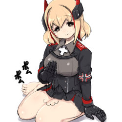 Rule 34 | 1girl, azur lane, barefoot, black gloves, black skirt, blonde hair, blush, breasts, brown eyes, closed mouth, collared jacket, collared shirt, commentary request, gloves, grey shirt, hair between eyes, head tilt, headgear, jacket, lap pillow invitation, large breasts, long sleeves, multicolored hair, patting lap, pleated skirt, red hair, roon (azur lane), shadow, shirt, simple background, sitting, skirt, smile, solo, streaked hair, u-non (annon&#039;an), wariza, white background, white hair