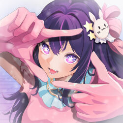 Rule 34 | 1girl, absurdres, chinese commentary, commentary request, dress, finger frame, frilled dress, frilled gloves, frills, gloves, hair between eyes, hair ornament, highres, hoshino ai (oshi no ko), idol, long hair, multicolored hair, open mouth, oshi no ko, pink dress, pink gloves, pink ribbon, purple eyes, purple hair, rabbit hair ornament, ribbon, sidelocks, solo, star-shaped pupils, star (symbol), star hair ornament, streaked hair, symbol-shaped pupils, teeth, you yuxi