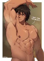 Rule 34 | 1boy, abs, armpits, bara, completely nude, dark-skinned male, dark skin, english text, gensou suikoden, groin, highres, large pectorals, male focus, muscular, muscular male, navel, nipples, nude, pectorals, short hair, smelling, solo, stomach, sweat, upper body, viktor (suikoden), zink (zink mchn)