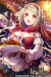 Rule 34 | 1girl, :o, bare shoulders, bird, blonde hair, braid, breasts, cape, chicken, cleavage, copyright name, detached sleeves, food, grand sphere, hairband, holding, holding plate, indoors, kogome (azalea4), large breasts, long hair, official art, plate, red cape, red eyes, red hairband, sparkle, standing, watermark