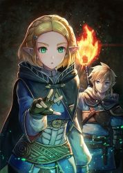 Rule 34 | 1boy, 1girl, armor, blonde hair, blue eyes, braid, cape, commentary request, crown braid, earrings, fire, gloves, hair ornament, hairclip, highres, jewelry, kuroi susumu, link, long hair, nintendo, open mouth, parted bangs, pointy ears, ponytail, princess zelda, short hair, teeth, the legend of zelda, the legend of zelda: breath of the wild, the legend of zelda: tears of the kingdom, thick eyebrows, upper body, upper teeth only