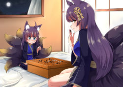 Rule 34 | 2girls, absurdres, age difference, ahoge, animal ears, azur lane, bed, blue eyes, canned sardines, commentary, commission, english commentary, fox ears, fox girl, fox tail, go (board game), hair ornament, highres, japanese clothes, kitsune, long hair, moon, mother and daughter, multiple girls, musashi (azur lane), night, playing games, purple hair, seiza, sitting, tail, yellow eyes