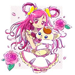 Rule 34 | bike shorts under skirt, butterfly earrings, coco (yes! precure 5), cure dream, dress, earrings, flower, frilled dress, frills, hair ornament, holding, holding stuffed toy, hoppetoonaka3, jewelry, long hair, looking at viewer, magical girl, petals, pink eyes, pink hair, precure, rose, rose petals, shorts, shorts under skirt, simple background, smile, stuffed toy, yes! precure 5, yes! precure 5 gogo!, yumehara nozomi