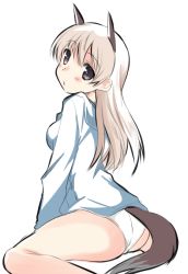 Rule 34 | 1girl, abenattou, animal ears, arm support, ass, bad id, bad pixiv id, black eyes, blonde hair, blush, eila ilmatar juutilainen, from behind, hood, hoodie, long hair, looking at viewer, no pants, panties, simple background, sitting, solo, strike witches, tail, underwear, wariza, white background, white panties, world witches series