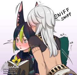 Rule 34 | 2boys, animal ear fluff, animal ears, artist name, bishounen, blue eyes, book, commentary, cyno (genshin impact), dark-skinned male, dark skin, english commentary, fox boy, fox ears, fox tail, genshin impact, gloves, green hair, holding, holding book, male focus, mao art00, multicolored hair, multiple boys, open mouth, smelling, smelling hair, streaked hair, surprised, tail, tighnari (genshin impact), wide-eyed, yaoi