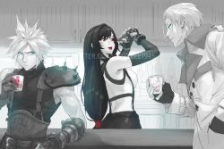 Rule 34 | 1girl, 2boys, alcohol, armor, arms up, bar (place), bare arms, bare shoulders, black hair, blue eyes, bottle, breasts, closed mouth, cloud strife, coat, collar, counter, cup, drinking, drinking glass, elbow gloves, final fantasy, final fantasy vii, final fantasy vii remake, fingerless gloves, gloves, hand in pocket, highres, holding, holding drinking glass, ice, ice cube, indoors, jealous, long hair, looking at another, low-tied long hair, midriff, monochrome, multiple boys, open mouth, red eyes, rufus shinra, seventh heaven, shoulder armor, spiked hair, spykeee, square enix, suspenders, sweater, tank top, teeth, tifa lockhart, tongue, turtleneck, turtleneck sweater, twitter username, wing collar