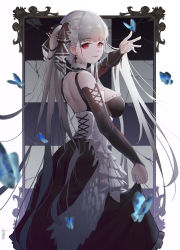 Rule 34 | 1girl, azur lane, bad id, bad pixiv id, bare shoulders, black dress, breasts, bug, butterfly, commentary request, dress, earrings, formidable (azur lane), frilled dress, frills, from side, grey hair, hair ribbon, highres, insect, jewelry, large breasts, long hair, long sleeves, looking at viewer, luomo, red eyes, ribbon, solo, twintails, two-tone dress, two-tone ribbon, very long hair