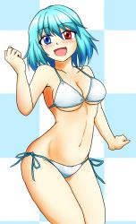Rule 34 | 1girl, :d, bare arms, bare shoulders, bikini, blue bikini, blue hair, blush, breasts, checkered background, commentary request, contrapposto, cowboy shot, d-m (dii emu), eyebrows, groin, hand up, heterochromia, highres, large breasts, looking at viewer, navel, open mouth, short hair, side-tie bikini bottom, smile, solo, standing, swimsuit, tatara kogasa, touhou, white bikini