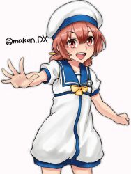 Rule 34 | 1girl, blue sailor collar, bow, brown eyes, brown hair, dress, feet out of frame, hair rings, hat, highres, kaiboukan no. 4 (kancolle), kantai collection, long hair, low twintails, maakun (makun dx), one-hour drawing challenge, open mouth, sailor collar, sailor dress, sailor hat, searchlight, smile, solo, teeth, twintails, twitter username, upper teeth only, white dress, white hat, yellow bow