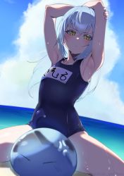 Rule 34 | 1other, absurdres, armpits, arms up, beach, blue hair, blue one-piece swimsuit, blue sky, cloud, collarbone, covered navel, cowboy shot, day, eyelashes, frown, highres, inuinuo gataken, name tag, ocean, one-piece swimsuit, outdoors, presenting armpit, rimuru tempest, rimuru tempest (slime), school swimsuit, sky, slime (creature), solo, swimsuit, tensei shitara slime datta ken, thighs, water, yellow eyes