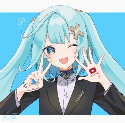 Rule 34 | 1girl, absurdres, alternate costume, aqua hair, black jacket, blush, dated, faruzan (genshin impact), genshin impact, green eyes, hair ornament, highres, jacket, long hair, looking at viewer, milestone celebration, one eye closed, open mouth, pinocle, safety pin, signature, simple background, solo, symbol-shaped pupils, triangle-shaped pupils, twitter logo, upper body, x hair ornament, youtube logo