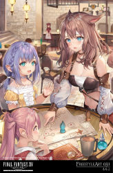 Rule 34 | 4girls, :d, absurdres, ahoge, animal ears, aqua eyes, bandeau, bare shoulders, blue eyes, braid, breasts, cat ears, choker, cleavage, cup, detached sleeves, facial mark, final fantasy, final fantasy xiv, highres, indoors, lalafell, map, medium breasts, midriff, miqo&#039;te, momoko (momopoco), mug, multiple girls, navel, official art, open mouth, pink hair, pointing, pointy ears, ponytail, potion, purple hair, sidelocks, smile, table, warrior of light (ff14)