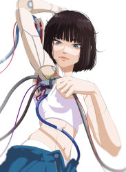 Rule 34 | 1girl, absurdres, android, arm up, black hair, blue eyes, blunt bangs, blurry, bob cut, crop top, extend (extend50483277), female focus, highres, joints, lips, looking down, mechanical parts, navel, open fly, original, panties, robot joints, simple background, solo, tank top, tsurime, underwear, white background, white panties, white tank top, wire