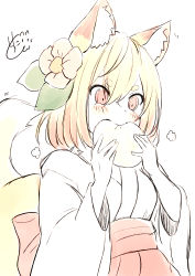 Rule 34 | 1girl, animal ear fluff, animal ears, blonde hair, blush, brown flower, chita (ketchup), closed mouth, eating, flower, food, fox ears, fox girl, fox tail, hair between eyes, hair flower, hair ornament, holding, holding food, japanese clothes, kimono, long sleeves, looking away, original, red eyes, red skirt, short eyebrows, signature, simple background, skirt, solo, tail, tail raised, thick eyebrows, white background, white kimono, wide sleeves