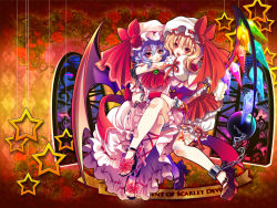 Rule 34 | 2girls, :d, adapted costume, ankle cuffs, ankle lace-up, ascot, bandaid, bandaid on knee, bandaid on leg, bat wings, blonde hair, bloomers, bridal garter, brooch, brown footwear, chain, cross-laced footwear, crystal, cuffs, cup, fangs, female focus, flandre scarlet, food, fruit, hat, hat ribbon, highres, holding, holding cup, hug, jewelry, looking at viewer, midriff, miniskirt, mob cap, multiple girls, nail polish, navel, no socks, open mouth, puffy short sleeves, puffy sleeves, purple hair, red eyes, red nails, red ribbon, remilia scarlet, ribbon, ribbon-trimmed clothes, ribbon trim, sandals, shima chiyo, shoes, short sleeves, siblings, sisters, skirt, skirt set, smile, spill, star (symbol), strawberry, teacup, toenail polish, toenails, touhou, underwear, window, wings, wrist cuffs