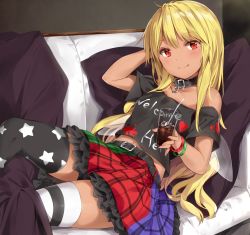 Rule 34 | 1girl, alternate costume, asymmetrical legwear, bare shoulders, belt, black shirt, black thighhighs, blonde hair, bracelet, breasts, closed mouth, clothes writing, clownpiece, collar, collarbone, commentary, cosplay, couch, cup, dark-skinned female, dark skin, drinking glass, drinking straw, fairy wings, frilled skirt, frills, hecatia lapislazuli, hecatia lapislazuli (cosplay), holding, ice, indoors, izuru, jewelry, licking lips, long hair, looking at viewer, midriff, miniskirt, mismatched legwear, multicolored clothes, multicolored skirt, navel, off-shoulder shirt, off shoulder, reclining, red eyes, shirt, sitting, skirt, small breasts, smile, solo, star (symbol), star print, striped clothes, striped thighhighs, t-shirt, tan, thighhighs, tongue, tongue out, touhou, wavy hair, wings