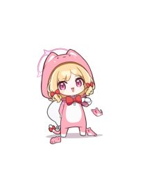 Rule 34 | 1girl, animal, animal costume, banana (banana draw), blonde hair, blue archive, blush, bow, cat, cat costume, chibi, full body, hair bow, halo, highres, long sleeves, looking at viewer, momoi (blue archive), pink halo, red bow, red eyes, short hair, simple background, solo, standing, white background