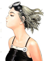 Rule 34 | absurdres, eyelashes, form code, goggles, hair slicked back, half-closed eyes, highres, murata range, scan, short hair, silver hair, simple background, skindentation, white background, wind