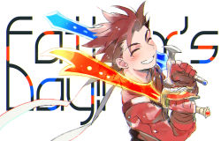 Rule 34 | 1boy, text background, blush, brown hair, closed eyes, father&#039;s day, gloves, gotou (pixiv37128), grin, holding, holding sword, holding weapon, jacket, lloyd irving, looking at viewer, male focus, red gloves, red jacket, simple background, smile, solo, spiked hair, sword, tales of (series), tales of symphonia, upper body, weapon, white background