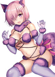 Rule 34 | 1girl, :d, animal ear fluff, animal ears, bad id, bad pixiv id, bare shoulders, blush, breasts, claw pose, cleavage, commentary request, elbow gloves, fang, fate/grand order, fate (series), fingernails, fur-trimmed gloves, fur-trimmed legwear, fur collar, fur trim, gloves, hair over one eye, hands up, harimoji, large breasts, looking at viewer, mash kyrielight, mash kyrielight (dangerous beast), nail polish, navel, official alternate costume, open mouth, pink hair, purple eyes, purple gloves, purple nails, purple thighhighs, revealing clothes, simple background, smile, solo, tail, thighhighs, white background, wolf ears, wolf girl, wolf tail