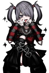 Rule 34 | 1girl, alternate costume, ame-chan (needy girl overdose), arm warmers, black choker, black footwear, black hair, black nails, boots, chain, choker, commentary, hair ornament, hair over one eye, hair tie, heart, heart necklace, highres, jewelry, knees up, long hair, looking at viewer, multicolored nails, nail polish, necklace, needy girl overdose, open mouth, punk, purple eyes, red nails, simple background, sitting, smile, solo, sparkle, symbol-only commentary, twintails, white background, x hair ornament, ziff (u 5341)