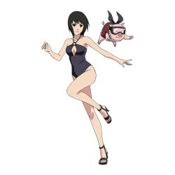 Rule 34 | 1girl, bare legs, bare shoulders, bikini, black eyes, black hair, breasts, cleavage, high heels, leg up, legs, looking at viewer, medium breasts, naruto (series), naruto shippuuden, official art, one-piece swimsuit, pig, shizune (naruto), smile, swimsuit, tonton (naruto)
