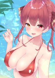 Rule 34 | 1girl, :d, absurdres, bare shoulders, bikini, breasts, collarbone, commentary request, day, eyelashes, fang, hair between eyes, hair ribbon, halterneck, heterochromia, highres, hololive, houshou marine, large breasts, lens flare, long hair, looking at viewer, nai (cnoadi8), navel, open mouth, red bikini, red eyes, red hair, red ribbon, ribbon, sidelocks, skin fang, skindentation, sky, smile, solo, string bikini, swimsuit, twintails, virtual youtuber, water, yellow eyes