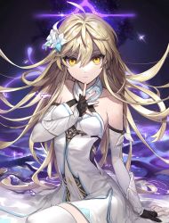 Rule 34 | 1girl, alternate hair length, alternate hairstyle, bare shoulders, black gloves, blonde hair, breasts, closed mouth, collarbone, detached sleeves, dress, fingerless gloves, flower, genshin impact, gloves, hair between eyes, hair flower, hair ornament, hamutyar0, highres, long hair, looking at viewer, lumine (genshin impact), sparkle, water, white dress, white flower, yellow eyes
