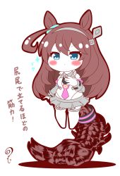Rule 34 | 1girl, absurdres, ahoge, animal ears, blue eyes, blush, breasts, brown hair, chibi, closed mouth, detached sleeves, gloves, grey hairband, grey skirt, grey sleeves, hair between eyes, hairband, hand up, highres, horse ears, kurukurumagical, leotard, long hair, long sleeves, mihono bourbon (umamusume), pleated skirt, shadow, skirt, small breasts, solo, sparkle, tail, tail stand, thighhighs, translated, umamusume, very long hair, white background, white gloves, white leotard, white thighhighs