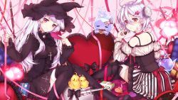 Rule 34 | 2girls, animal, azur lane, bad id, bad pixiv id, bare shoulders, bird, black dress, black footwear, black hat, black legwear, bolt (hardware), boots, bow, box, breasts, brown bow, candy, cannon, chick, chocolate, chocolate heart, closed mouth, commentary request, detached sleeves, dress, earrings, erebus (azur lane), erebus (illusory happiness) (azur lane), fingernails, food, ghost, gift, gift box, hair between eyes, hair ornament, hairclip, hat, heart, heart earrings, heart hair ornament, highres, holding, holding food, holding heart, jewelry, long hair, long sleeves, looking at viewer, looking back, medium breasts, mole, multiple girls, parted lips, pink bow, pink ribbon, puffy long sleeves, puffy sleeves, red bow, red eyes, red ribbon, resuta, ribbon, shirt, skirt, smile, striped bow, striped clothes, striped skirt, terror (azur lane), thigh boots, thighhighs, turret, valentine, vertical-striped clothes, vertical-striped skirt, very long hair, white hair, white legwear, white shirt, white sleeves