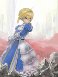 Rule 34 | 1girl, ahoge, armor, armored dress, artoria pendragon (fate), blonde hair, dress, fate/stay night, fate (series), flower, gauntlets, green eyes, hair ribbon, invisible air (fate), masuchi, puffy sleeves, ribbon, saber (fate), solo, sword, weapon