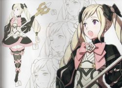 Rule 34 | 1girl, black gloves, blonde hair, boots, bow, concept art, dress, earrings, elise (fire emblem), fire emblem, fire emblem fates, gloves, hair bow, high heel boots, high heels, highres, jewelry, kozaki yuusuke, lineart, multiple views, nintendo, non-web source, official art, one eye closed, open mouth, production art, purple eyes, purple hair, ribbon, simple background, smile, staff, thigh boots, thighhighs, twintails, zettai ryouiki