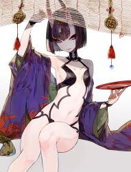 Rule 34 | 1girl, alcohol, arm up, armor, blue gemstone, blunt bangs, breasts, breasts apart, choker, closed mouth, cowboy shot, cup, detached sleeves, eyebrows, eyeshadow, fate/grand order, fate (series), gem, headpiece, holding, horns, jewelry, judy6241, knees together feet apart, long sleeves, makeup, mascara, navel, oni, pink lips, purple eyes, purple hair, revealing clothes, sakazuki, sake, short hair, shuten douji (fate), shuten douji (first ascension) (fate), simple background, sitting, small breasts, smile, solo, stomach, thick eyebrows, wide sleeves