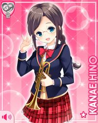 Rule 34 | 1girl, blouse, blue eyes, blue jacket, bow, braid, braided ponytail, brown hair, card (medium), character name, girlfriend (kari), glasses, hino kanae, instrument, jacket, music, official art, open mouth, pink background, plaid, plaid skirt, qp:flapper, red bow, red skirt, school uniform, shirt, skirt, smile, sweater vest, tagme, trumpet, white shirt