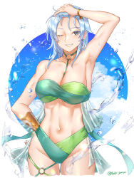 Rule 34 | 1girl, absurdres, alternate costume, arm up, armpits, bikini, blue eyes, blue hair, breasts, cleavage, cloud, earrings, echidna (fire emblem), fire emblem, fire emblem: the binding blade, green bikini, hand on own head, hand on own hip, highres, jewelry, large breasts, looking at viewer, navel, nintendo, one eye closed, smile, strapless, strapless bikini, swimsuit, tsukimura (d24f4z8j3t)