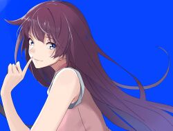 Rule 34 | 1girl, absurdres, armpit crease, bakemonogatari, blue background, blue eyes, closed mouth, collared shirt, eyelashes, finger to mouth, from side, hand up, highres, kaikistride, long hair, looking at viewer, monogatari (series), naoetsu high school uniform, pink shirt, purple hair, school uniform, senjougahara hitagi, shiny skin, shirt, short sleeves, simple background, sleeves rolled up, solo, upper body