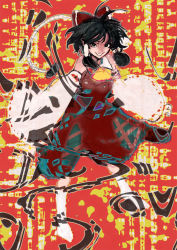 Rule 34 | 1girl, abstract background, ascot, bad id, bad pixiv id, black hair, bow, claw pose, detached sleeves, dress, evil grin, evil smile, frilled bow, frills, gaihan umeboshi mitchell, grin, hair bow, hair tubes, hakurei reimu, jubigamura, kubrick stare, looking at viewer, red dress, smile, socks, solo, touhou, white socks